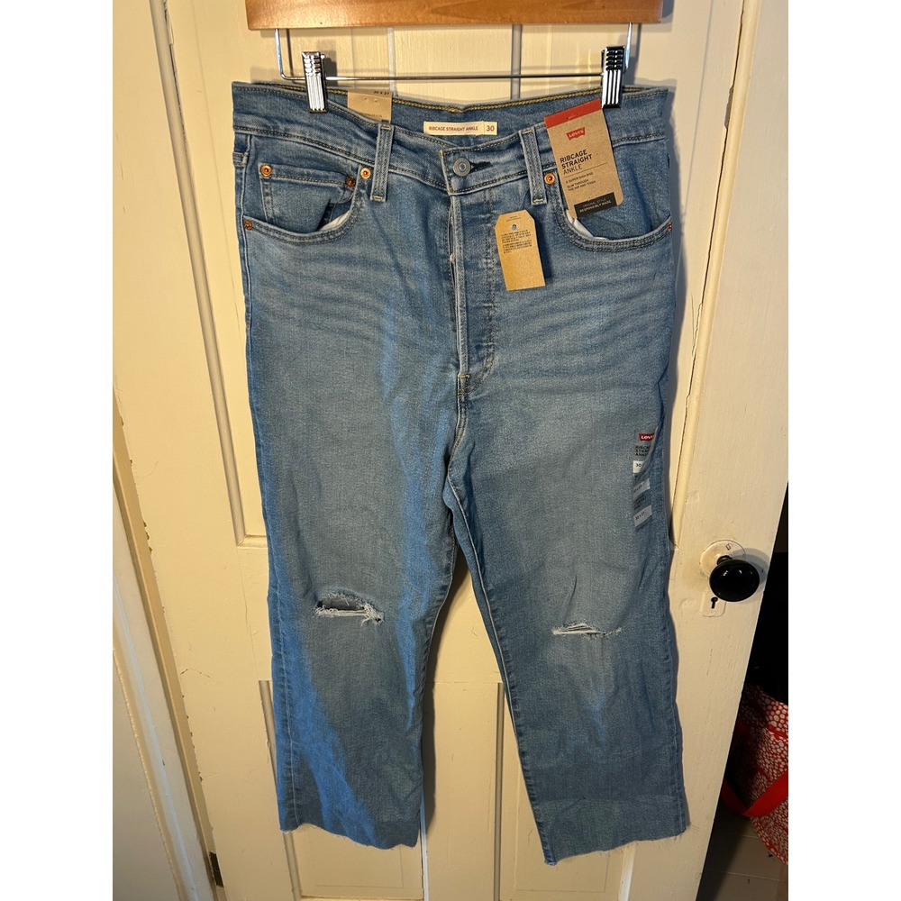 Levis Ribcage Straight Ankle Jeans 30x27 Light Wash‎ Distressed High Rise